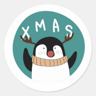 KERSTSTICKER WHIMISCHE PINGUÏN RONDE STICKER