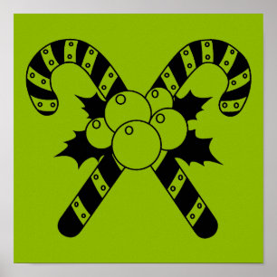 Kerststokjes & maretak Zwarte Vrolijke Kerst Poster