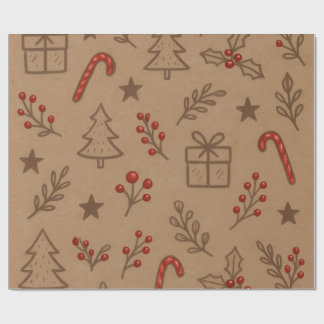 Kerststokken en Hulst Kerstpapier Cadeaupapier