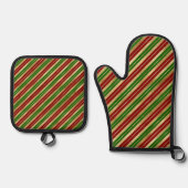 Kerststrepen Red Green Gold Ovenwant & Pannenlap Set (Voorkant)