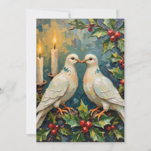Kerststuk met witte duiven en hulstguirlande in vi feestdagenkaart