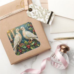 Kerststuk met witte duiven en hulstguirlande in vi vierkante sticker