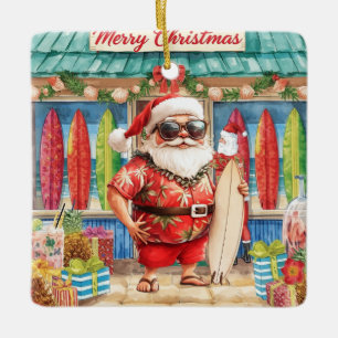 Kerstsurfen met Kerstman surfer Keramiek Keramisch Ornament