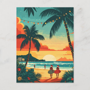 Kerstsurfers Tropisch Strand Zonsondergang Briefkaart