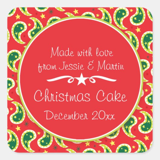 Kersttaart paisley rood voedseletiket sticker (Voorkant)