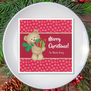Kerstteddybeer met Gift en Snowflakes, rood Servet