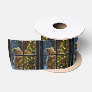 Kerstteddybeer versiert een boom lint