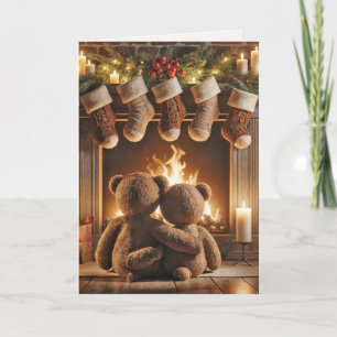 Kerstteddyberen bij een open haard kaart
