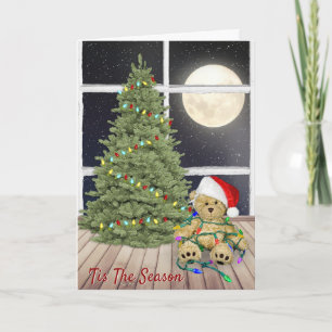 Kerstteddyberen in vakantielampjes en maan kaart