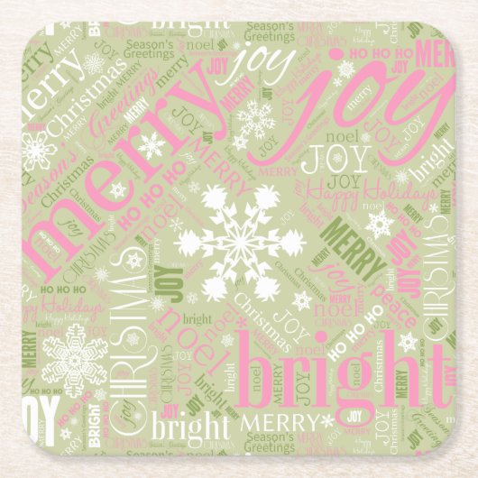 Kersttekst en Snowflake Pattern roze ID257 Vierkante Kartonnen Onderzetter (Voorkant)