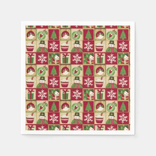 Kerstthema Snowman Snowflakes Red Green Gold Servet (Voorkant)