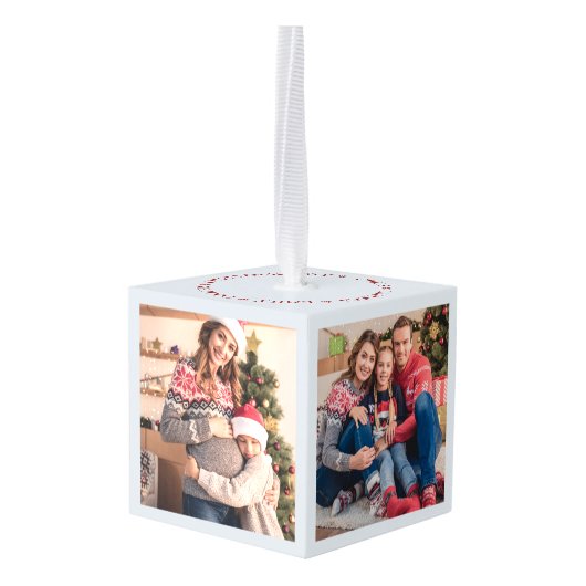 Kersttijd 3 Gezinsfoto's en naamsgeluiden Kubus Ornament (Achter hoekig)