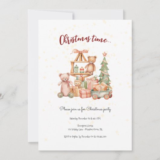 Kersttijd, kinder speelgoed en geschenkfeest kaart (Voorkant)