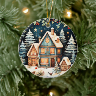 Kersttijd, vintage kersttafereel, keramisch ornament