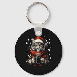 Kersttijger met kerstmannenhoed koffieliefhebber g sleutelhanger