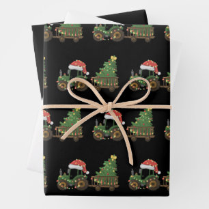 Kersttractor met boom boer boerderij inpakpapier vel