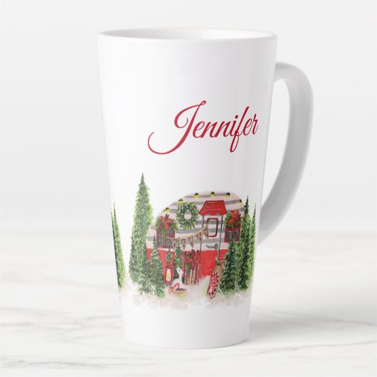 Kersttrailer Camper Rustic Scene Latte Mok (Rechterhoek)