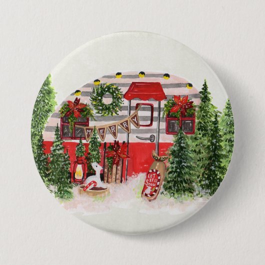 Kersttrailer Camper Rustic Scene Ronde Button 7,6 Cm (Voorkant)