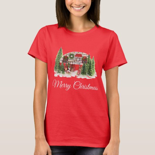 Kersttrailer Camper Rustic Scene T-shirt (Voorkant)