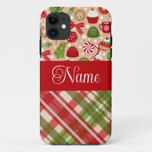 Kersttraktaties en plaid gepersonaliseerd ontwerp iPhone 11 hoesje
