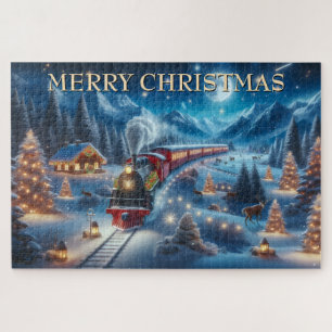 kersttrein,besneeuwd dorp,rivierreflectie,dec legpuzzel