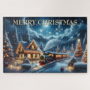 Kersttrein dat versierde berghut passeert legpuzzel