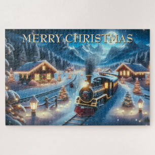 Kersttrein door besneeuwd dorp 's nachts legpuzzel