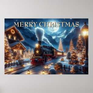 Kersttrein door een dorp met lantaarns poster