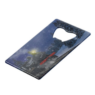 Kersttrein in de sneeuw kredietkaart flessenopener