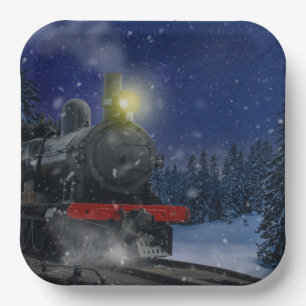 Kersttrein in de sneeuw papieren bordje