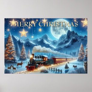 Kersttrein in het maanlicht met bosdieren poster