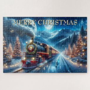 Kersttrein met krans en besneeuwde dennenbomen legpuzzel