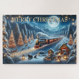 Kersttrein met lantaarns en bosdieren legpuzzel