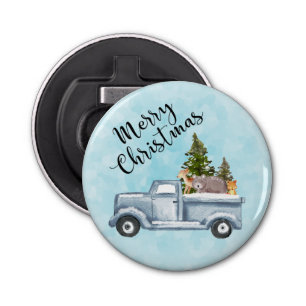 Kersttruck met pijnbomen en bosdieren button flesopener