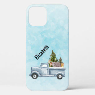 Kersttruck met pijnbomen en bosdieren iPhone 12 hoesje