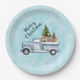 Kersttruck met pijnbomen en bosdieren papieren bordje