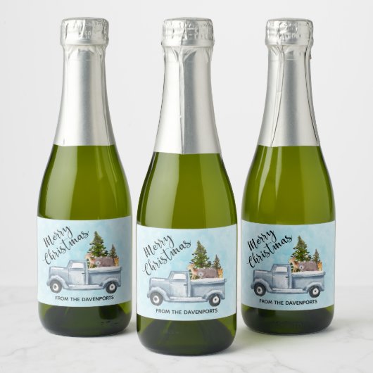 Kersttruck met pijnbomen en bosdieren sparkling wijnetiket (Flessen)