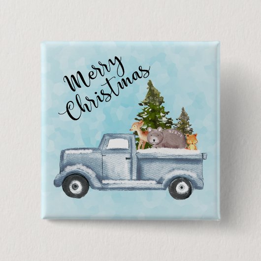 Kersttruck met pijnbomen en bosdieren vierkante button 5,1 cm (Voorkant)
