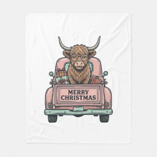 Kersttruck met Schotse Hooglandkoe Vintage Gravure Fleece Deken