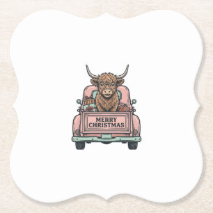 Kersttruck met Schotse Hooglandkoe Vintage Gravure Kartonnen Onderzetters