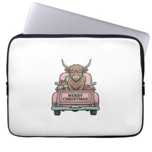 Kersttruck met Schotse Hooglandkoe Vintage Gravure Laptop Sleeve
