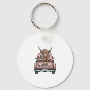 Kersttruck met Schotse Hooglandkoe Vintage Gravure Sleutelhanger