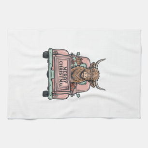 Kersttruck met Schotse Hooglandkoe Vintage Gravure Theedoek