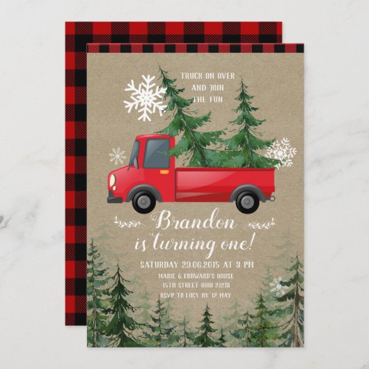 Kersttruck Rustic Plaid Verjaardag Uitnodiging (Voorkant / Achterkant)