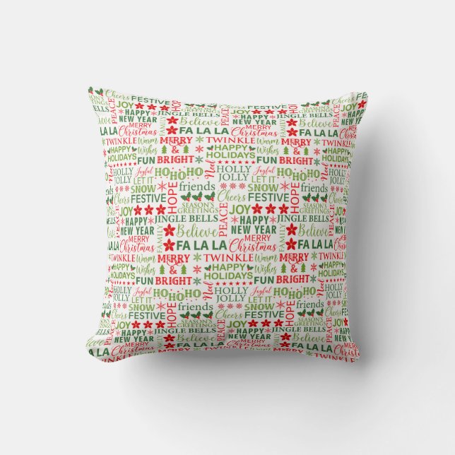 Kersttypografie Rood & Groen Naadloos Patroon Kussen (Voorkant)