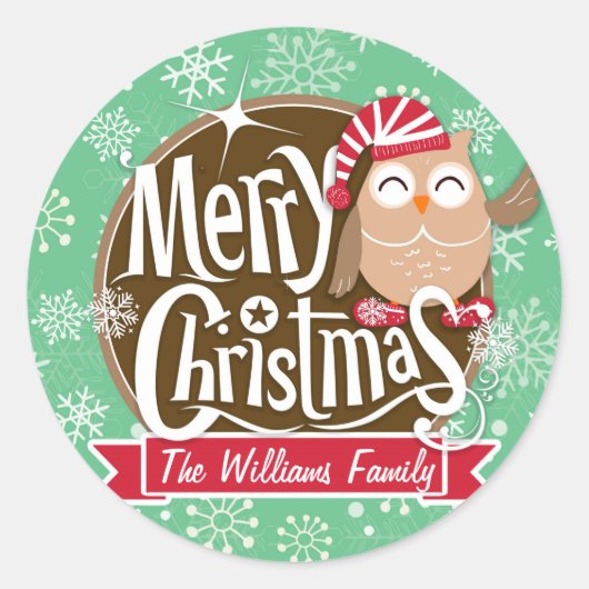 Kerstuil; Winter; Groene & Witte Sneeuwvlokken Ronde Sticker (Voorkant)