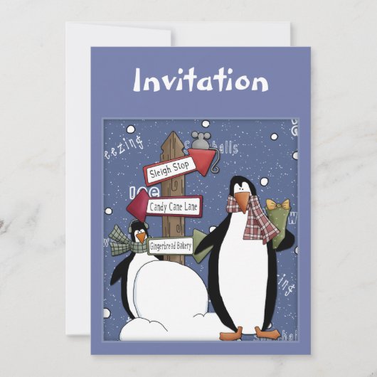 Kerstuitnodiging met een grappige pinguïn kaart (Voorkant)