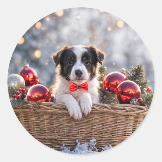 Kerstvakantie Border Collie Puppy Ronde Sticker (Voorkant)