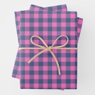 Kerstvakantie Buffalo Plain Roze Blauw Patroon Inpakpapier Vel