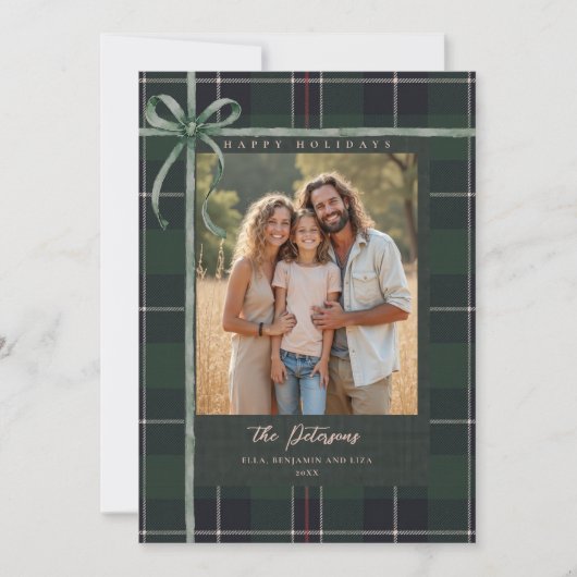 Kerstvakantie Groene Strik Plaid Tartan 2-Foto Feestdagenkaart (Voorkant)